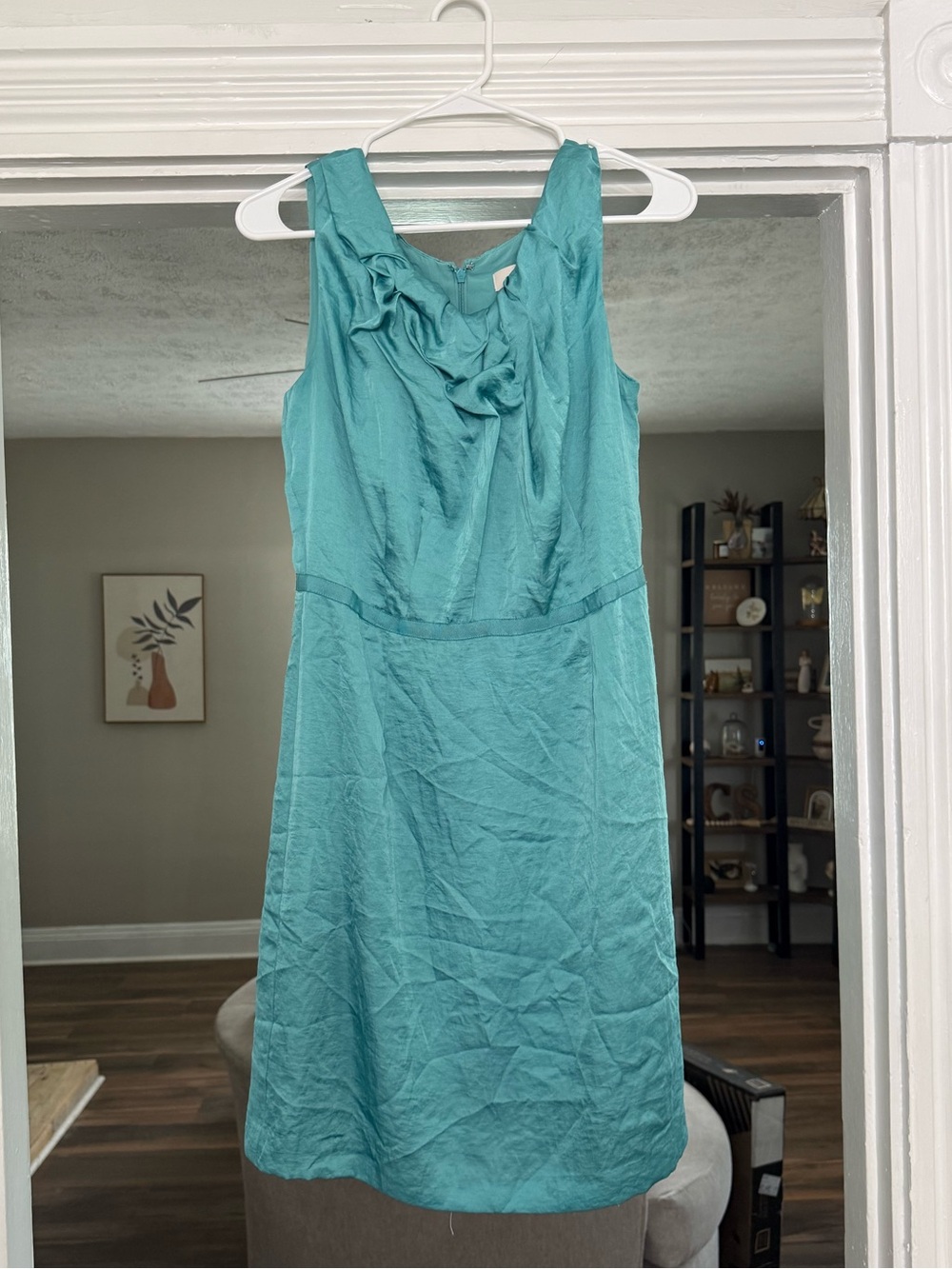 LOFT Teal Sleeveless Midi Dress with Ruffle Detail
